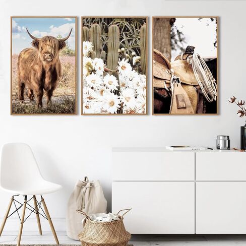 BINCUE Framed Highland Cow Canvas Wall Art Large Farmhouse Floral Highland Cow Pictures Western Painting for Bedroom Living Room Decor 3 Pieces 16x24 Inches in Saudi Arabia