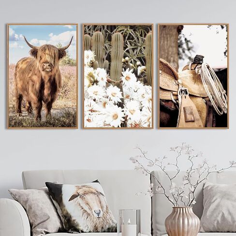 BINCUE Framed Highland Cow Canvas Wall Art Large Farmhouse Floral Highland Cow Pictures Western Painting for Bedroom Living Room Decor 3 Pieces 16x24 Inches in Saudi Arabia