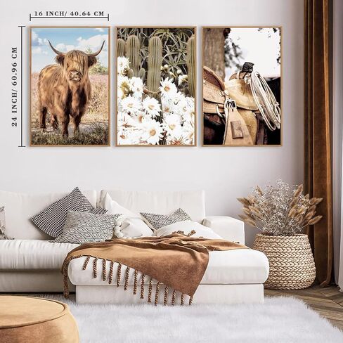 BINCUE Framed Highland Cow Canvas Wall Art Large Farmhouse Floral Highland Cow Pictures Western Painting for Bedroom Living Room Decor 3 Pieces 16x24 Inches in Saudi Arabia
