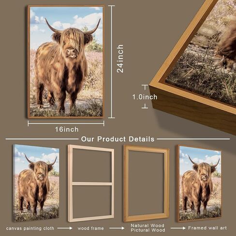 BINCUE Framed Highland Cow Canvas Wall Art Large Farmhouse Floral Highland Cow Pictures Western Painting for Bedroom Living Room Decor 3 Pieces 16x24 Inches in Saudi Arabia