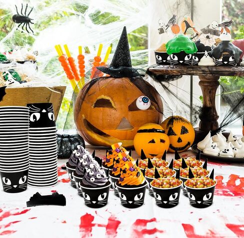 Gift Boutique 50 Pcs Halloween Treat Snack Cups 10oz Black Cat Face with Ear Spooky Disposable Paper Snack Cup Bowl Dessert Ice Cream Party Supplies in Saudi Arabia