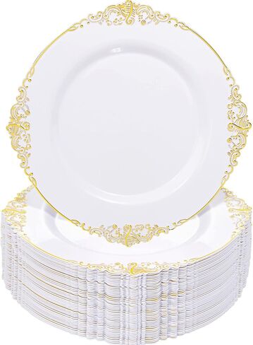 Nervure 100PCS White and Gold Plastic Plates - 10.25Inch Gold Disposable Plates - Heavyweight Gold Dinner Plates for Wedding & Party in Kuwait