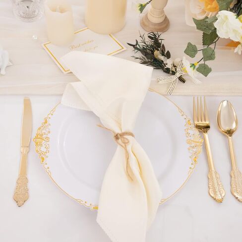 Nervure 100PCS White and Gold Plastic Plates - 10.25Inch Gold Disposable Plates - Heavyweight Gold Dinner Plates for Wedding & Party in Kuwait