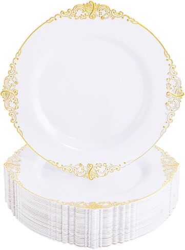 Nervure 100PCS White and Gold Plastic Plates - 10.25Inch Gold Disposable Plates - Heavyweight Gold Dinner Plates for Wedding & Party in Kuwait
