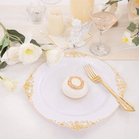 Nervure 100PCS White and Gold Plastic Plates - 10.25Inch Gold Disposable Plates - Heavyweight Gold Dinner Plates for Wedding & Party in Kuwait