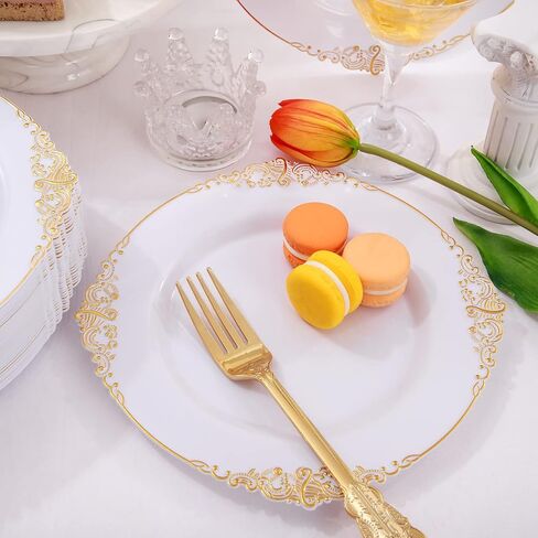 Nervure 100PCS White and Gold Plastic Plates - 10.25Inch Gold Disposable Plates - Heavyweight Gold Dinner Plates for Wedding & Party in Kuwait