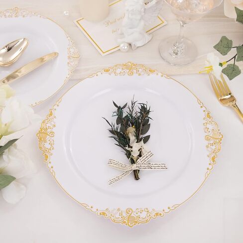 Nervure 100PCS White and Gold Plastic Plates - 10.25Inch Gold Disposable Plates - Heavyweight Gold Dinner Plates for Wedding & Party in Kuwait