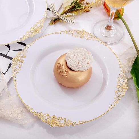 Nervure 100PCS White and Gold Plastic Plates - 10.25Inch Gold Disposable Plates - Heavyweight Gold Dinner Plates for Wedding & Party in Kuwait
