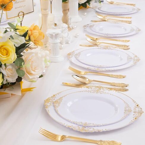 Nervure 100PCS White and Gold Plastic Plates - 10.25Inch Gold Disposable Plates - Heavyweight Gold Dinner Plates for Wedding & Party in Kuwait