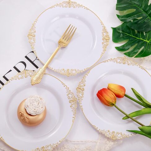 Nervure 100PCS White and Gold Plastic Plates - 10.25Inch Gold Disposable Plates - Heavyweight Gold Dinner Plates for Wedding & Party in Kuwait