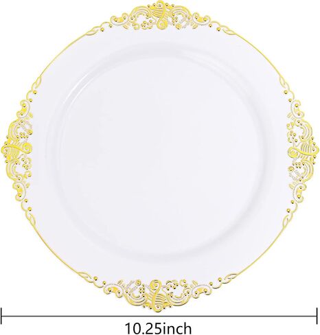 Nervure 100PCS White and Gold Plastic Plates - 10.25Inch Gold Disposable Plates - Heavyweight Gold Dinner Plates for Wedding & Party in Kuwait