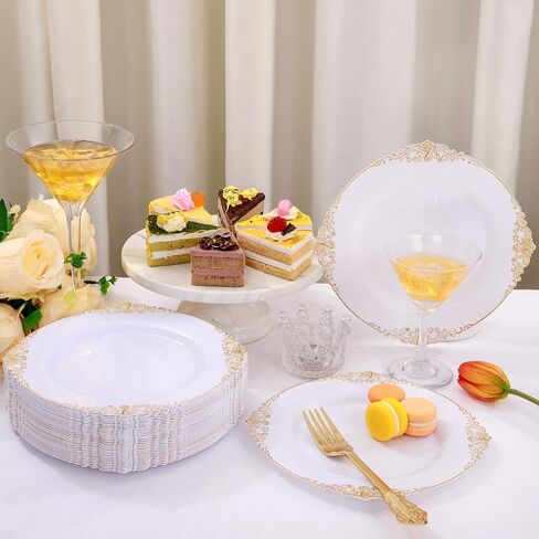 Nervure 100PCS White and Gold Plastic Plates - 10.25Inch Gold Disposable Plates - Heavyweight Gold Dinner Plates for Wedding & Party in Kuwait