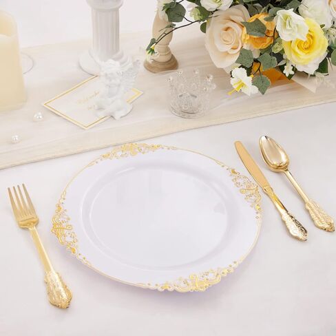 Nervure 100PCS White and Gold Plastic Plates - 10.25Inch Gold Disposable Plates - Heavyweight Gold Dinner Plates for Wedding & Party in Kuwait