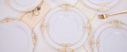 Nervure 100PCS White and Gold Plastic Plates - 10.25Inch Gold Disposable Plates - Heavyweight Gold Dinner Plates for Wedding & Party in Kuwait