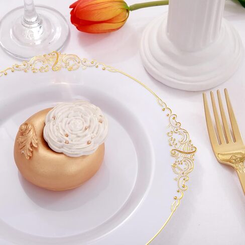 Nervure 100PCS White and Gold Plastic Plates - 10.25Inch Gold Disposable Plates - Heavyweight Gold Dinner Plates for Wedding & Party in Kuwait