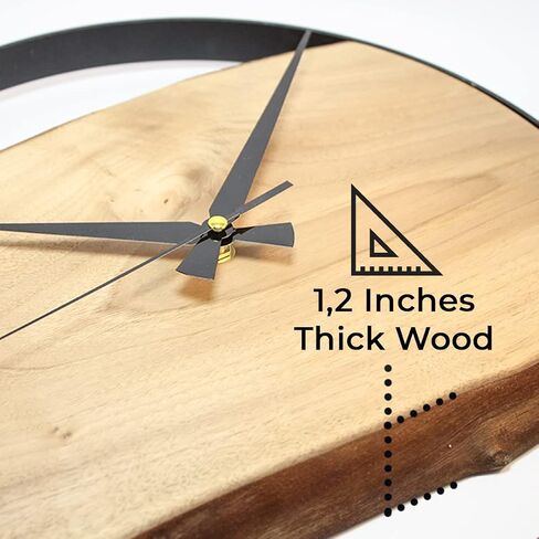 Frenask Solid Wood Wall Clock - 14 Inches Handcrafted Wallclock from Natural Wood with Metal Ring - Unique, Silent, and Non-Ticking - 1.2 Inches in Thick Solid Wood Plate for Living Room in Saudi Arabia