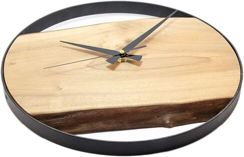 Frenask Solid Wood Wall Clock - 14 Inches Handcrafted Wallclock from Natural Wood with Metal Ring - Unique, Silent, and Non-Ticking - 1.2 Inches in Thick Solid Wood Plate for Living Room in Saudi Arabia