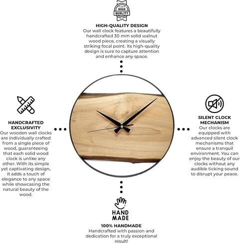 Frenask Solid Wood Wall Clock - 14 Inches Handcrafted Wallclock from Natural Wood with Metal Ring - Unique, Silent, and Non-Ticking - 1.2 Inches in Thick Solid Wood Plate for Living Room in Saudi Arabia