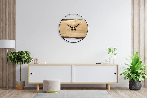 Frenask Solid Wood Wall Clock - 14 Inches Handcrafted Wallclock from Natural Wood with Metal Ring - Unique, Silent, and Non-Ticking - 1.2 Inches in Thick Solid Wood Plate for Living Room in Saudi Arabia