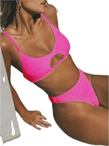 Floerns Women's 2 Piece Set Hollow Cut Out Solid Color High Waist Split Bikini Swimsuit with Chest Pad in Saudi Arabia