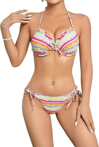 OYOANGLE المرأة 2 قطعة مجموعة البكيني Colorblock كشكش تقليم السباغيتي الأشرطة الرسن التعادل الجانب بحر المايوه in Kuwait