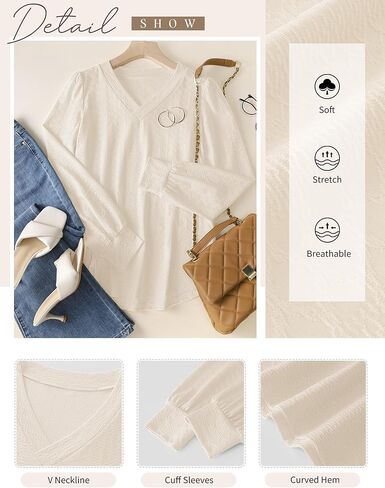 LOMON Womens Long Sleeve Tops Fall V-Neck Blouses Dressy Casual Puff Sleeve Textured T-Shirts Eyelet Tunic in Kuwait