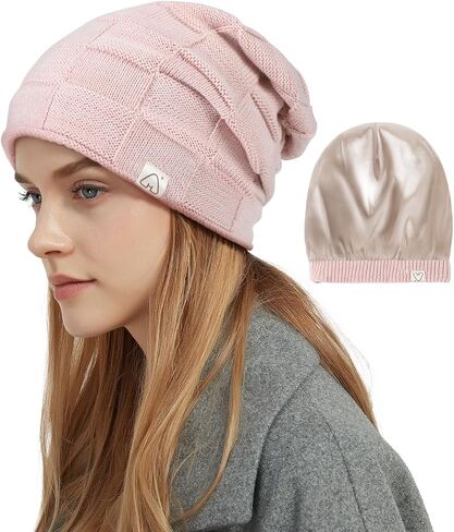 Hat Hut Womens Beanie Satin Lined Beanie Winter Hats for Women Men, Silk Lined Slouchy Beanie Hats Soft Warm Ski Hat Unisex in Kuwait