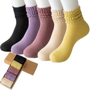 5 Pairs Slouch Scrunch Socks,Retro Ribbed Cozy Slouchy Socks,Solid color Cotton Quarter Crew Socks for Women