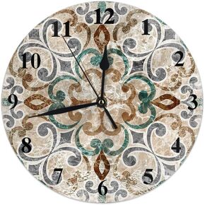Moslion Paisley Clock Vintage Floral Italian Tile with Moroccan Flower Round Wall Clock Slient Non Ticking Rustic Home Decor 10 Inch for Kitchen Bathroom Office