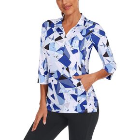 Viracy Women's Golf Shirts 3/4 Sleeve Sun Protection Quarter Zip with Zipper Pockets Athletic Polo Workout Tops S-2XL