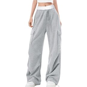 Floerns Girl's Casual Colorblock Elastic Waist Baggy Wide Leg Athletic Sweatpants with Pockets