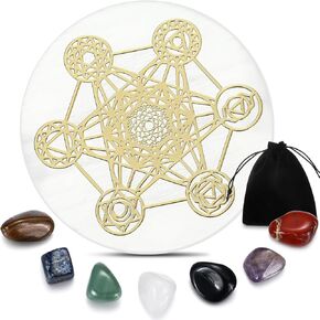 8 Pcs Selenite Crystal Charging Plate with Healing Stones Set 2.5 in Gold Chakra Grid Metatron Platonic Solid Coaster 7 Colored Crystal Stones for Beginners Home Office Table Decorations