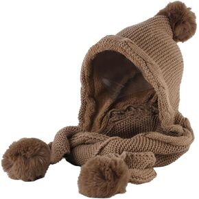 Hood Hat Scarf 2 in 1 Hooded Scarf for Women Winter Warm Beanie Hat with Faux Fur Pom Thickening Knitted Hat Scarf Set