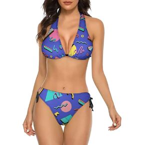 Delerain Women Two Piece Swimsuit Sexy Halter 80s 90s Geometric Bikini Sets Triangle Swimwear Bathing Suit