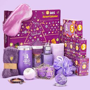Advent Calendar 2024-12 Days of Christmas Advent Calendar for Women, Mom, Wife, Girlfriend, Sister, Her - Unique Lavender Spa Gifts Basket Set Includes Coffee Mugs, Scented Candle, Bath Salt, Soap