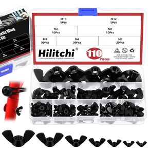 Hilitchi 110PCS M3 M4 M5 M6 M8 M10 M12 Nylon Butterfly Nut Assortment Kits White Butterfly Nut Wing Nuts Fasteners Wingnuts Hand Twist Tighten Ear for Home Building Industry