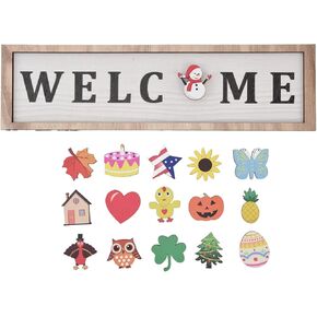 Seasonal Interchangeable Welcome Sign for Front Door Hanging with 16pcs Interchangeable Holiday Welcome Door Sign for Farmhouse Front Porch Decor and Housewarming Gift