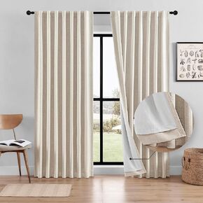 Blackout Linen Curtains/Drapes for Bedroom 100% Blackout Curtains 108 inches long, Pinch Pleated Thermal Insulated Darkening Light-Blocking Wide Window Curtains for Living Room 2 Panels Set 52"Wx108L