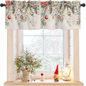 Christmas Poinsettia Valances for Windows,Eucalyptus Leaf Valance Rod Pocket Short Curtains,Xmas Bell Berry Retro Linen Curtain Valances,Winter Snow Window Treatment for Bedroom Living Room 42x12in