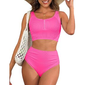 Aqua Eve Women's High Waisted Bikini Set - Modest Two Pieces Swimsuits Scoop Neck Bathing Suit Swimwear