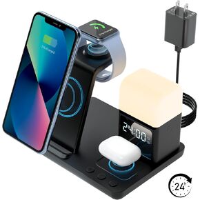 Wireless Charging Station, 6 in 1 with Alarm Clock and Light for Samsung Galaxy S23 Ultra/ S22 /S21 /S20 /S10/S9/Z Flip 5/4/3 Z Fold, for Galaxy Watch 6/5/5 Pro/4/3, for Galaxy Buds 2 (Black)