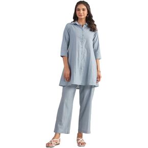 Janasya Indian Women's Peach Cotton Jacquard Self Design Pleated Co-Ord Set