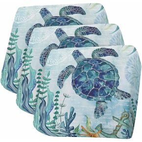 Coastal Sea Turtle Couch Cushion Covers, Stretch Sofa Cover with Elastic Bottom, Teal Blue Nautical Summer Beach Coral Sofa Slipcovers Protector Washable Chair/Sofa Cushion Covers S-3Pcs