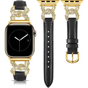 TOYOUTHS Leather Band Compatible with Apple Watch Bands for Women 38/40/41/42/44/45/49mm Ultra Dressy Designer Diamond Interlock Buckle Thin Leather Strap for iWatch Band SE Series 9/8/7/6/5/4/3/2/1