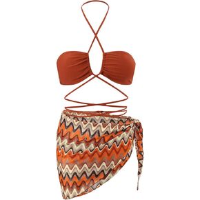 WDIRARA Women's 3 Piece Halter Criss Cross Swimsuit Tie Back Bikini Set with Skirts