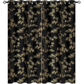 Cool Japanese Curtains,Black Gold Japanese Chinese Pine Pattern Grommet Blackout Curtains for Bedroom - Thermal Insulated,Energy Efficient,Noise Reducing and Light Blocking 55x63in
