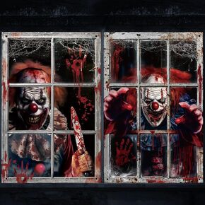 Hxezoc 2 Pack Halloween Window Decorations Scary Spooky Clown Window Backdrop Poster for Halloween Window Door Wall Cover Decoration Supplies
