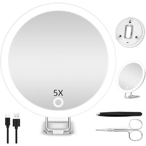 5X Magnifying Mirror with Lights, 6inch Makeup Magnifying Mirror 5X Lighted Magnification Mirror with Adjustable Stand & 3 Suction Cups, Handheld Travel Magnified Mirror Portable 5X Magnifying Mirror