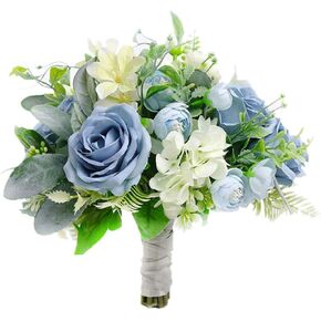 Bridal Holding Wedding Bouquet Fabric Blue Ivory Rose Peony Mix Flowers Bridal Wedding Throw Bouquet for Wedding Brides Bridesmaid Wedding Hold Flower