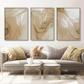 Abstract Marble Canvas Wall Art Modern Abstract Marble Art Prints Brown and Gold Marble Wall Art Marble Pictures Wall Decor Beige Marble Poster Canvas Painting for Bathroom Decor 16x24inchX3 Frameless